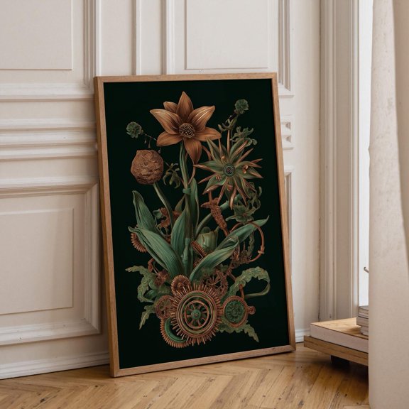 LAVIE Steampunk Botanical Wall Art, Mechanical Flower Print, Dark Vintage Poster, Gothic Industrial Decor, Antique Style Artwork Unframed