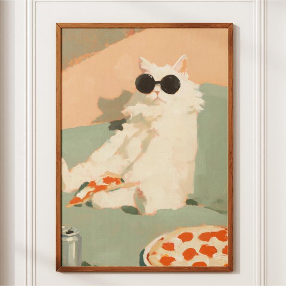 LAVIE Sunglasses Cat Eating Pizza Print Funny Impressionist Wall Art Cool White Cat Poster Quirky Cat Lover Gift Retro Pastel Kitchen Decor No Frame
