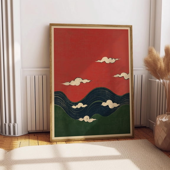LAVIE Vintage Abstract Waves and Clouds Japanese Woodblock Print Japan Edo Style Drawing Decor Vibrant Colour Minimalist Boho Wall Art No Frame