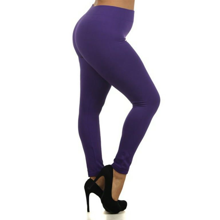 Women's Full Length Plus Size Purple High Waisted Thick Fleece Lined  Tights, Elastic Slim Fit Leggings For Autumn/winter