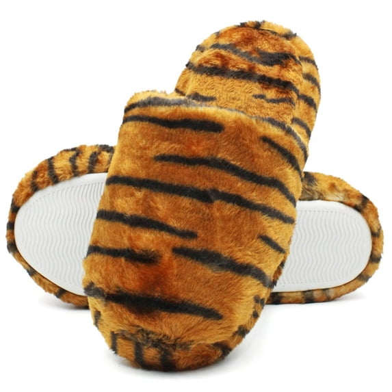 LAVRA Tiger Fuzzy Slippers Women | Leopard Print Shoes Women & Slip On Closed Toe Bedroom Slippers | Furry Faux Fur Lined Slippers For Women Indoor