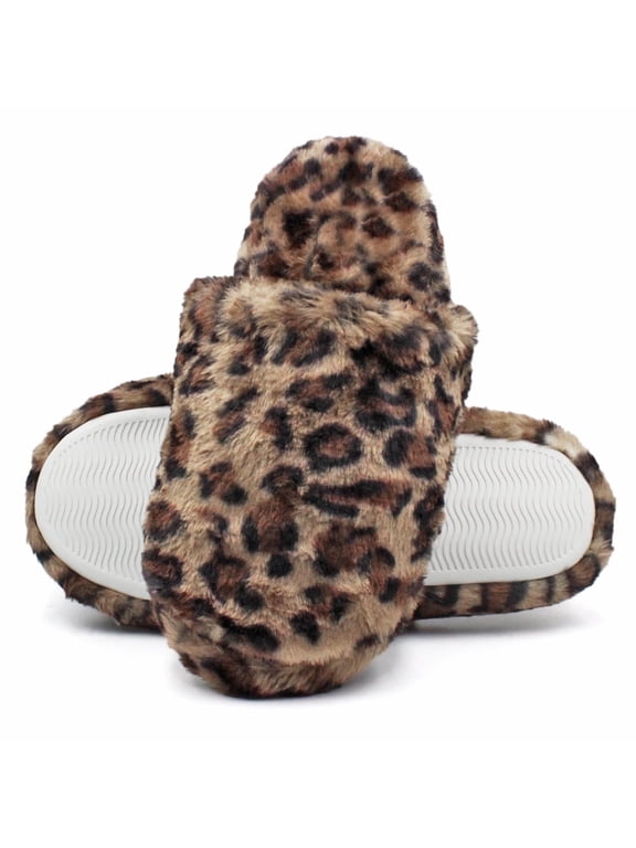 Women's Fuzzy Slippers Animal Print Non-Slip Closed Toe Faux Fur Indoor House Shoes