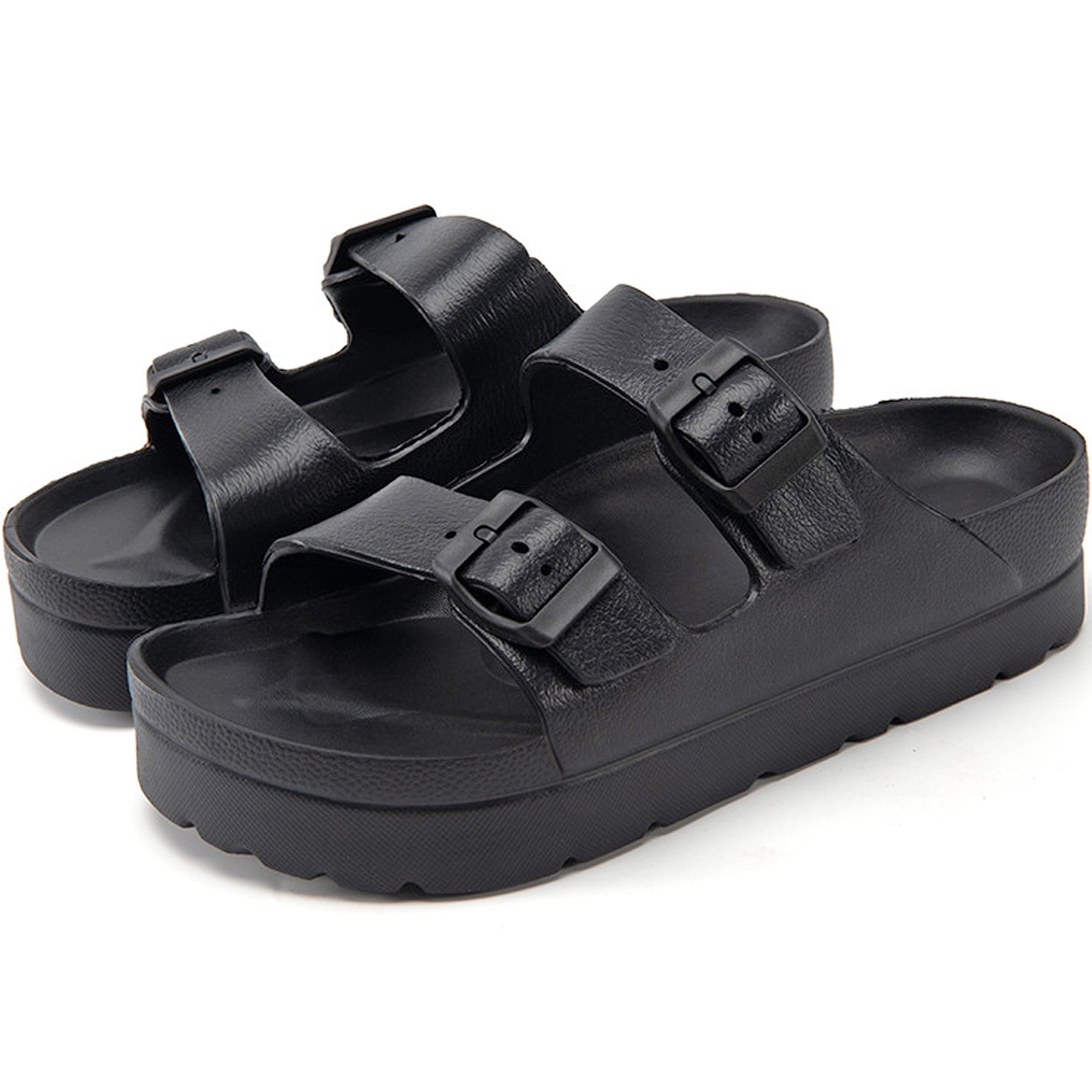  BOEBAL Womens Sandals Slides Adjustable Double Buckle Slippers  Waterproof Beach Slide Comfortable Arch Support EVA Flat Shoes 6 Black