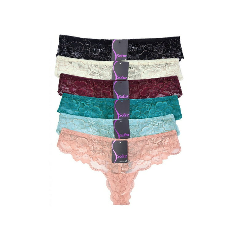 LAVRA Women's 6 Pack Assorted Lace and Cotton Stretch Thong Panties 