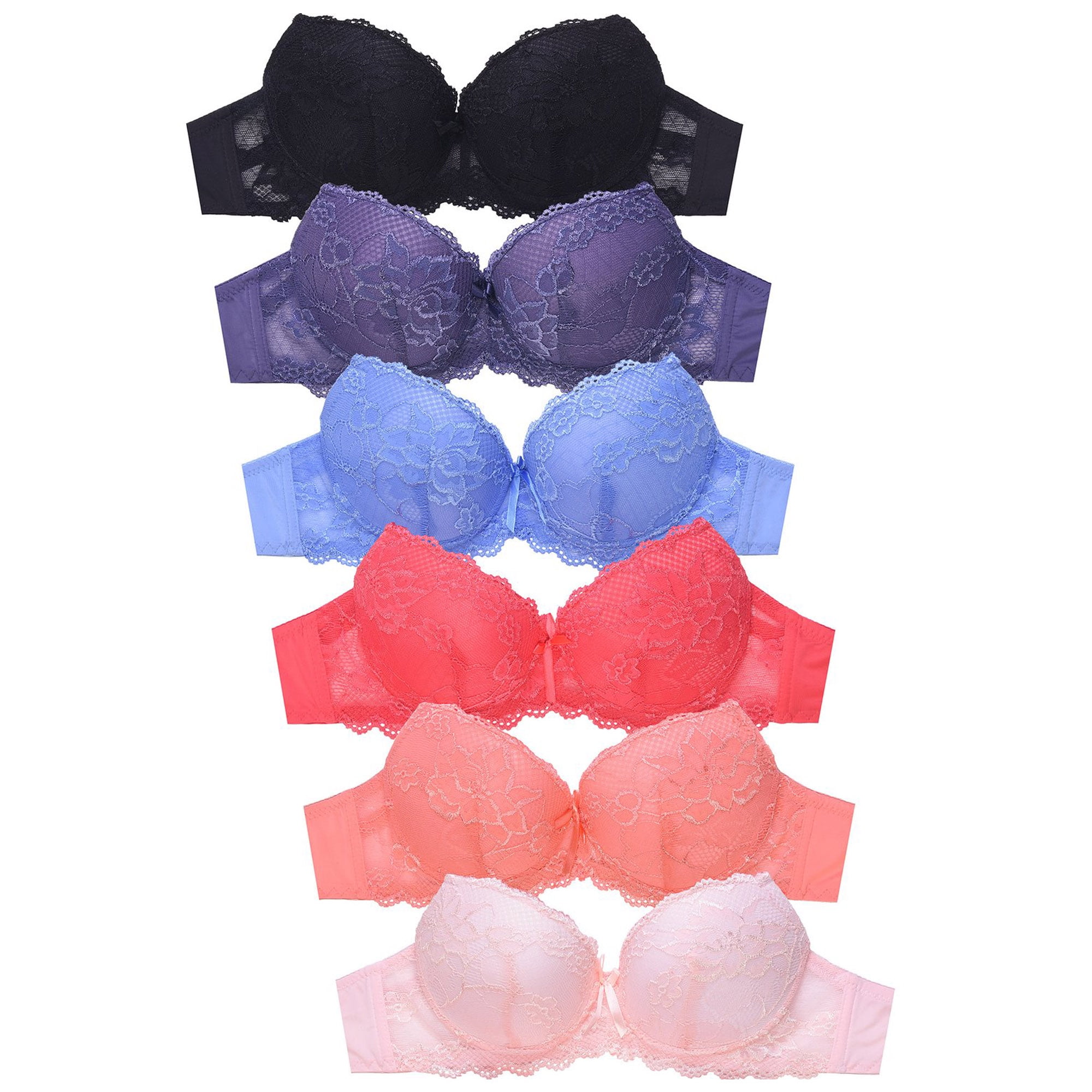 LAVRA Women's 6 Pack of Full Cup Push Up Bras Floral Lace Plain Design 