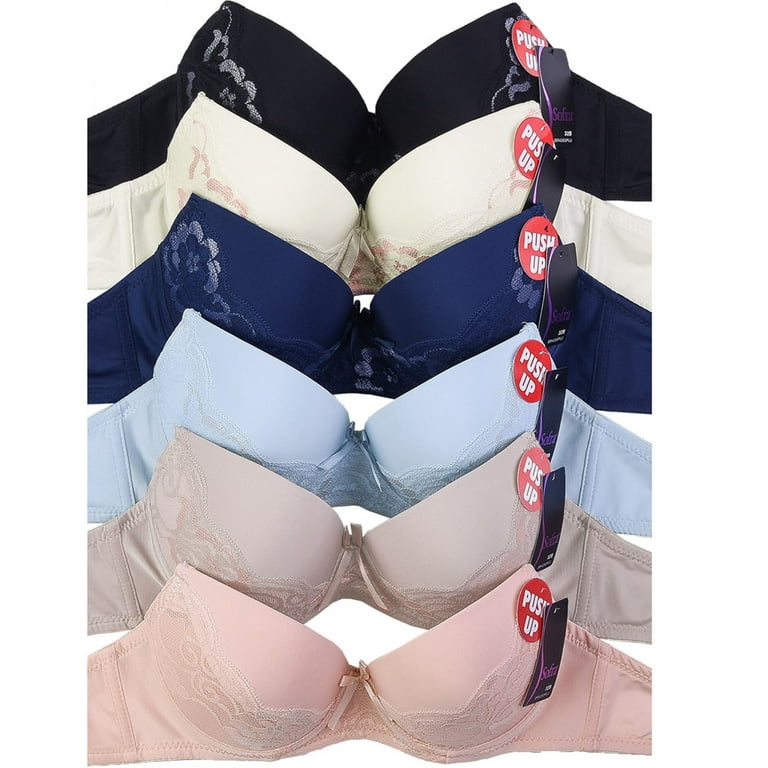LAVRA Women's 6 Pack of Full Cup Push Up Bras Floral Lace Plain Design 