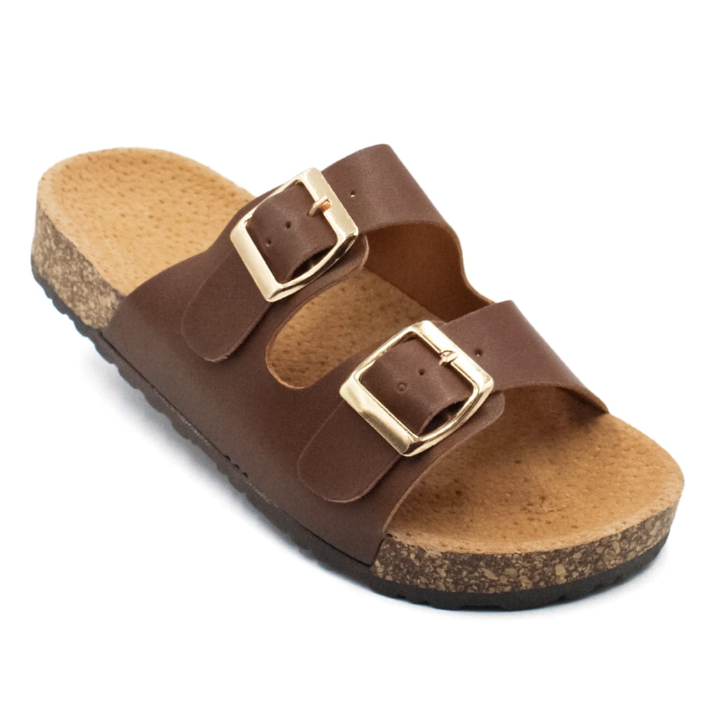 LAVRA Women's Double Buckle Sandals Cork Footbed Slides Classic Summer Flatform
