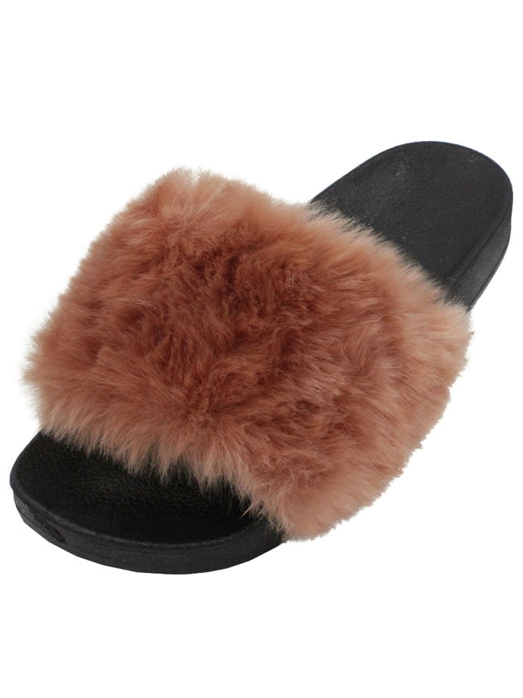 LAVRA Women s Faux Fur Slide Slip Sandals Walmart