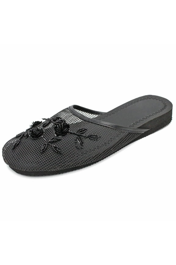 Women’s Mesh Sequin Slippers Beaded Chinese Floral Slide Sandals