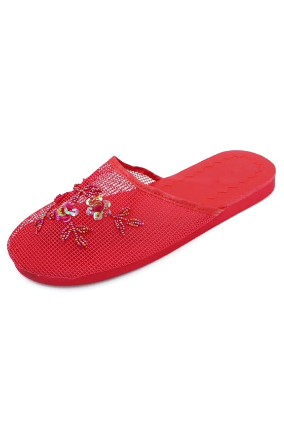 Women’s Mesh Sequin Slippers Beaded Chinese Floral Slide Sandals