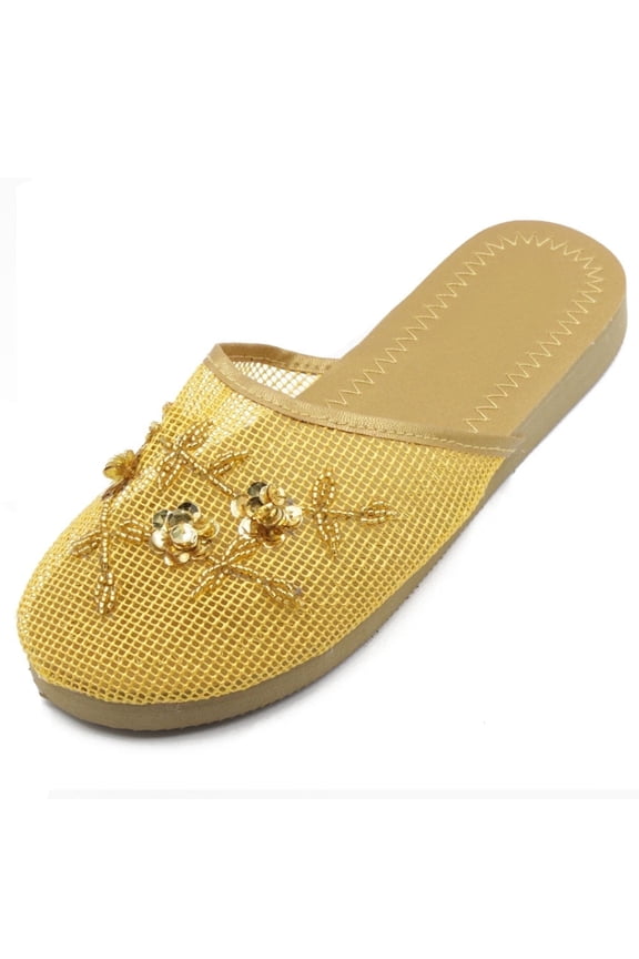 Women’s Mesh Sequin Slippers Beaded Chinese Floral Slide Sandals
