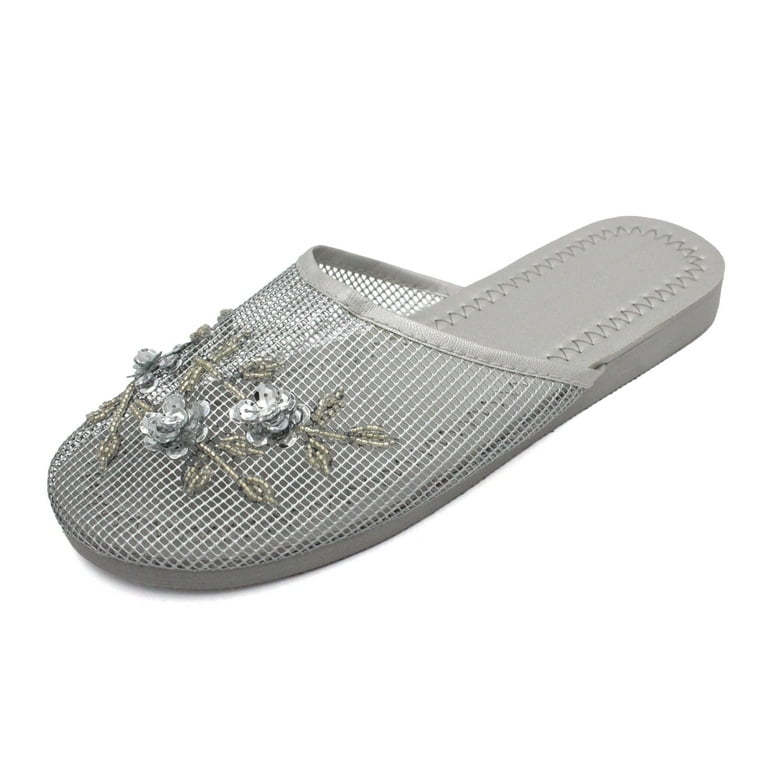 LAVRA Women s Mesh Sequin Slide Beaded Chinese Slippers Floral Embellished Shoes