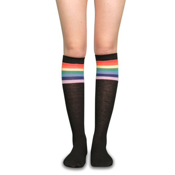 LAVRA Women's Pair of Colorful Rainbow Trimmed Knee High Black Socks