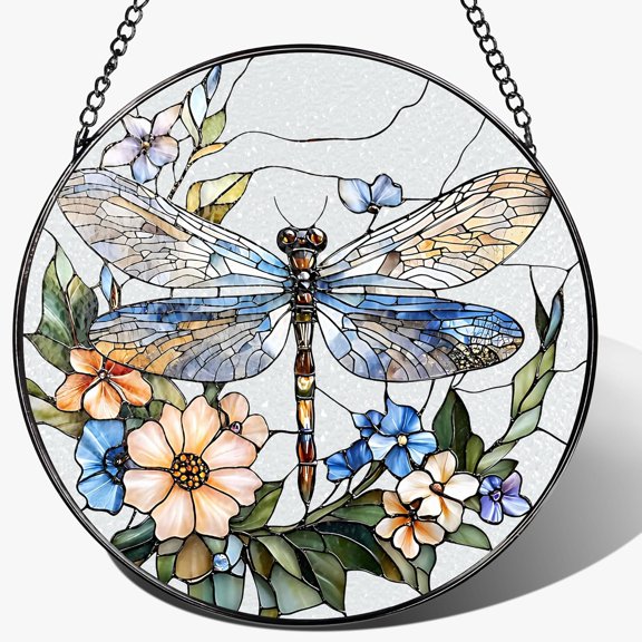 LAVU Dragonfly Suncatcher, Stained Glass Style Printed Flat Glass Window Hanging, Nature Home Decor Gift