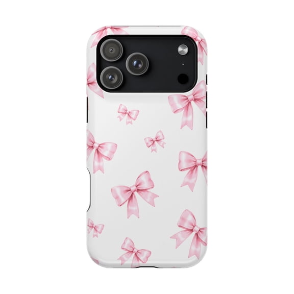LAVU Pearl Pink Bow Tough Phone Case, Cute Pink Bow Aesthetic Dual Layer Shockproof Protective Cover with Magnetic Charging Support, Gift for Her, Compatible with iPhone 16