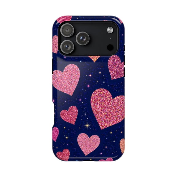 LAVU Starlit Glitter Hearts Tough Phone Case, Cute Heart Aesthetic Dual Layer Shockproof Protective Cover with Magnetic Charging Support, Gift for Her, Compatible with iPhone 15