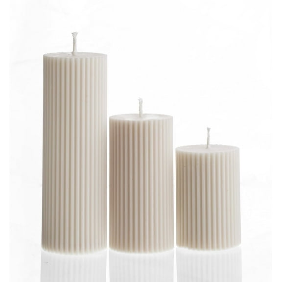 LAWA Roman Handmade Tall Ribbed Pillar Candle - Beautiful Scented Soy Wax Stripped Dinner Candle | Classic Aesthetic Decoration Set | Housewarming Gift | Home Room Shelf Decor Idea - White (Set of 3)