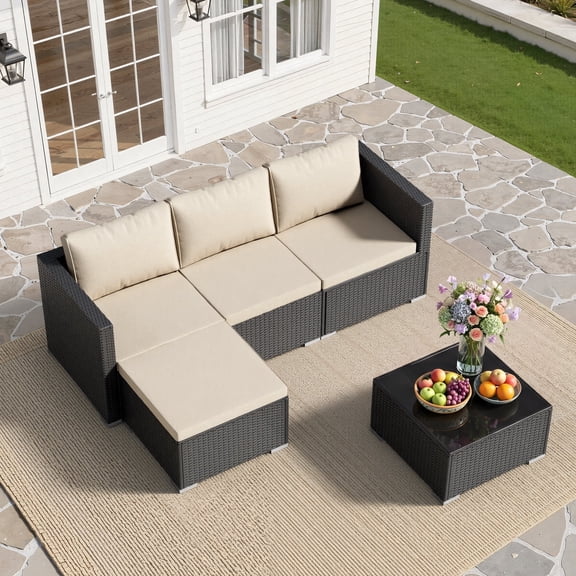 Patio Furniture Set - All-Weather -5 Piece Outdoor Patio Conversation Couch Sets, Modular Wicker Rattan Sectional Sofa for Garden, Patio, Poolside, Backyard, Balcony, Porch,Khaki