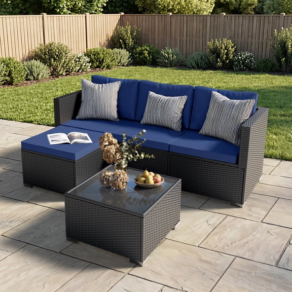 Patio Furniture Set - All-Weather -5 Piece Outdoor Patio Conversation Couch Sets, Modular Wicker Rattan Sectional Sofa for Garden, Patio, Poolside, Backyard, Balcony, Porch,Navy Blue