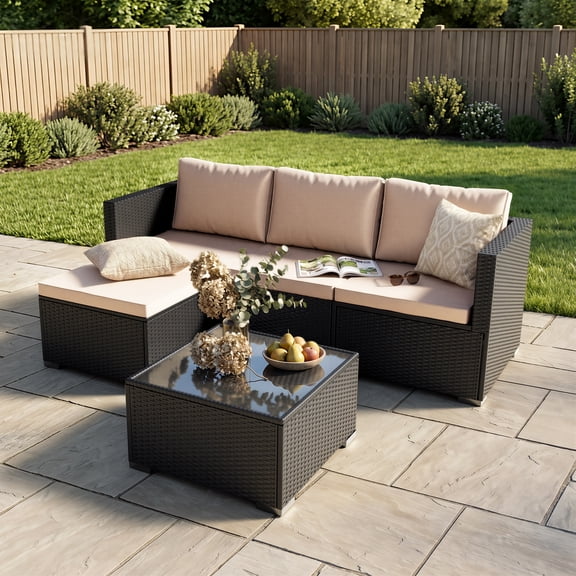Patio Furniture Set - All-Weather -5 Piece Outdoor Patio Conversation Couch Sets, Modular Wicker Rattan Sectional Sofa for Garden, Patio, Poolside, Backyard, Balcony, Porch,Khaki