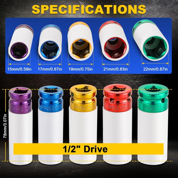LAWONP-1/2'' Drive 5Pcs Wheel Lug Nuts Socket Set | Wheel Protector Impact Socket, Impact Lug Nut Socket Set, Deep Non-Marring Thin Wall Impact Socket Set, Color-Coded Metric 15mm 17mm 19mm 21mm 22mm