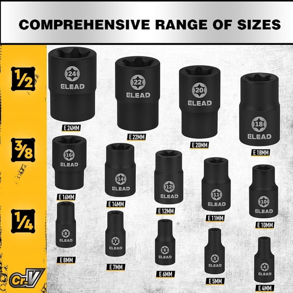 LAWONP-17-Piece Inverted E-Torx Socket Set - Premium Impact Cr-V Steel E4 - E24 Star Female Sockets for Impact Wrench 1/2 3/8 1/4 Drive Precision Torque Kit with Storage Case