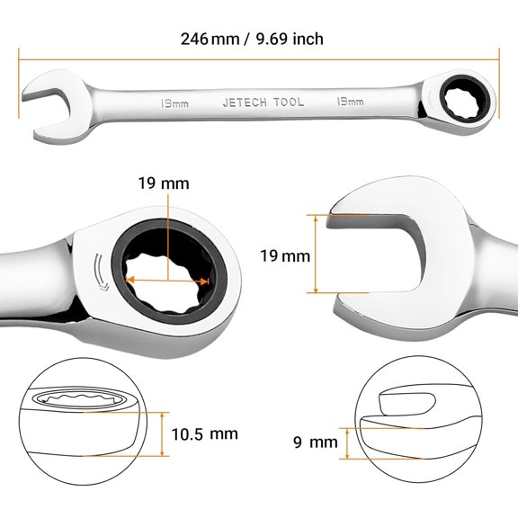 LAWONP-19mm Ratchet Wrench, Ratcheting Combination Wrench Metric, Industrial Grade Gear Spanner with 12-Point Design, 72-Tooth Ratchet, Chrome Vanadium Steel for Auto & DIY Repair