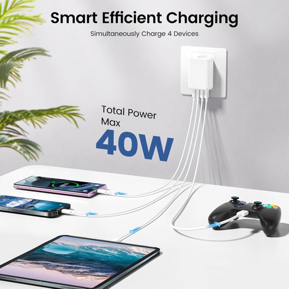 LAWONP-2Pack 40W Flat USB C Wall Charger, 4Ports Foldable & Slim Fast Charging Blocks, Multiport Type C Cube Box Power Adapter Plug, USB C Charger Block Brick for iPhone Samsung Tablet (White White)