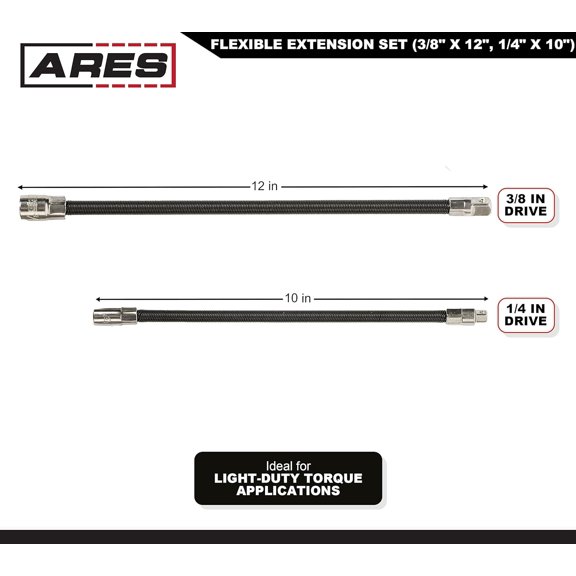 LAWONP-42072  2-Piece Flexible Socket Extension Set  1/4-Inch and 3/8-Inch Drive Extensions  10-Inch and 12-Inch Extensions with Flexible Shafts  Spring-Loaded Detent Balls to Prevent Slipping