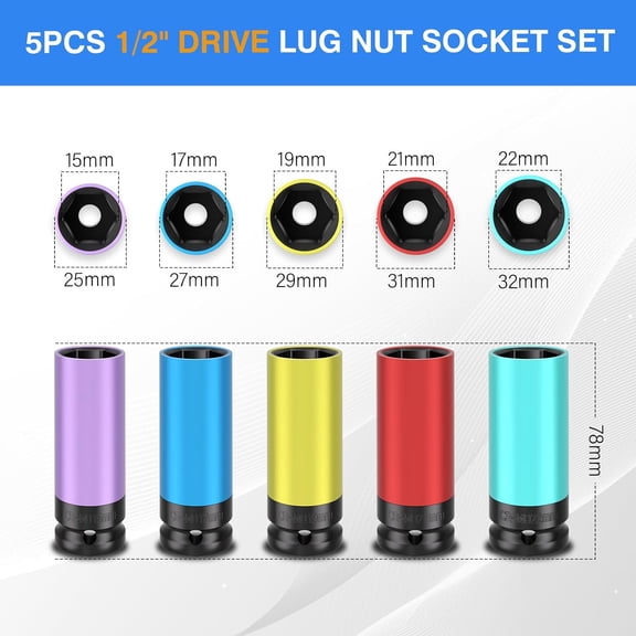 LAWONP-5PCS 1/2" Drive Wheel Protector Impact Socket, Non-Marring Lug Nut Deep Socket Set, CR-MO, 6 Point, Color-Coded Protective Socket | Metric 15 17 19 21 22 mm