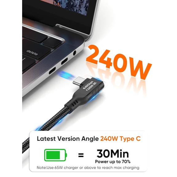 LAWONP-6inch Short USB4 Gen3 Braided 0.5ft, AngleUSBC to Monitor 8K@60Hz, Thunderbolt 4 Cable 40Gbps Data Sync Cord,240W PD Charging,Cellphone, Laptop, Android Auto, Carplay,SSD,iPhone 15~17