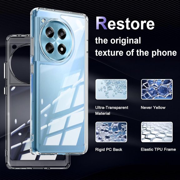 LAWONP-Case for OnePlus 12R 5G, Military Grade Drop Protection Phone Case, Yellowing Resistant, Anti-Scratch Hard PC Back, Shockproof Hard Ultra-Thin Protective Cover, Clear