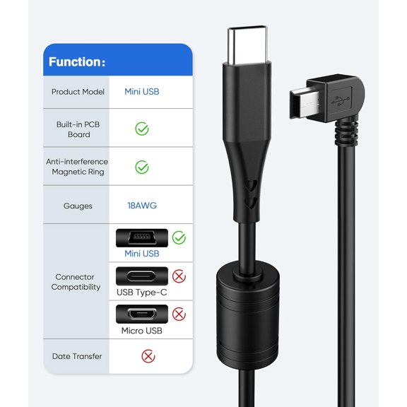 LAWONP-Dash Cam Charger Cable,(10Ft 18AWG) USB C to Mini USB Charging Cable for Garmin Nuvi,Dezl,Drivesmart 65,Zumo XT,90 Degree GPS Dashcam Replacement Power Cord,Mirror Camera Power Adapter Wire