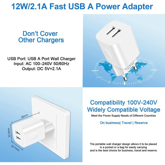 LAWONP-European Travel Plug Adapter Charger for iPhone Samsung Android Phone,International Power Adaptor with 2 Charger Port USB, EU Wall Charging Block Brick Plug in Europe Germany Outlets Power Str