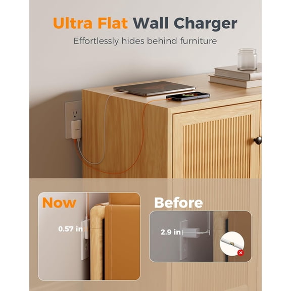 LAWONP-Flat Wall Charger USB C PD 65W, Flat USB Wall Plug Foldable, Outlet Adapter Fast Charging Block, Ultra Slim Charger Compatible with iPhone 17/16/15 Series and Samsung Galaxy Models, Travel