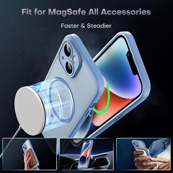 LAWONP-Magnetic for iPhone 14 Case, Upgraded Full Camera Protection, Compatible with Magsafe, Drop Protection, Translucent Matte Back Bumper Phone Cover 6.1-Inch (Light Blue)
