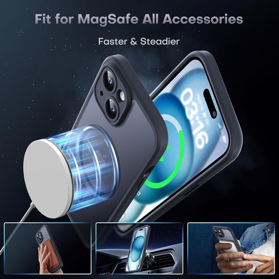 LAWONP-Magnetic for iPhone 15 Case, Upgraded Full Camera Protection, Compatible with Magsafe, Drop Protection, Translucent Matte Back Bumper Phone Cover 6.1-InchMatte Black