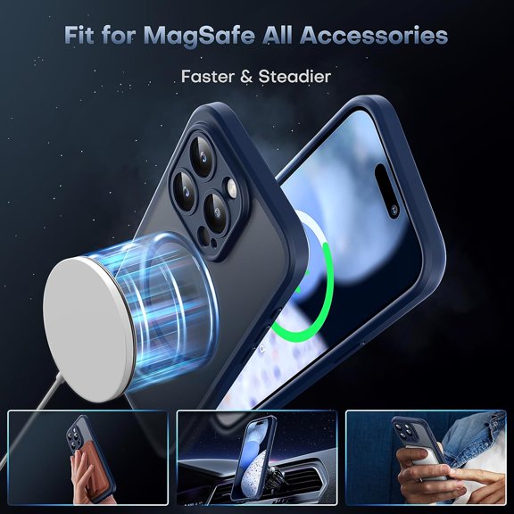 LAWONP-Magnetic for iPhone 15 Pro Case, Upgraded Full Camera Protection, Compatible with Magsafe, Drop Protection, Translucent Matte Back Phone Cover 6.1-Inch (Dark Blue)