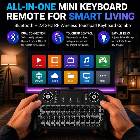 LAWONP-Mini Wireless Keyboard with Touchpad, Bluetooth + 2.4GHz RF Remote Control, 7-Color Backlit Rechargeable Keyboard for Smart TV, Android TV Box, Fire Stick, PC, Laptop, HTPC, Raspberry Pi & Tab