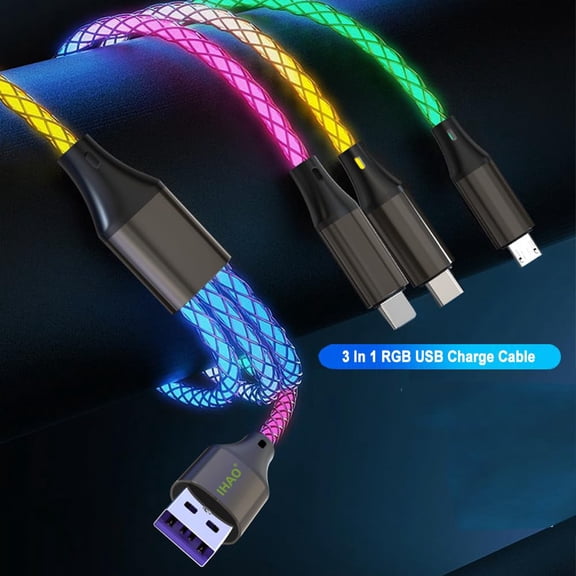 LAWONP-Multi Connectors Fast Charging Cable 3 Combinations in One Cable USB A to USB C/Micro USB Cord Lighted Up LED Flowing Compatible with Most of Electric Device-39 Inches RGB