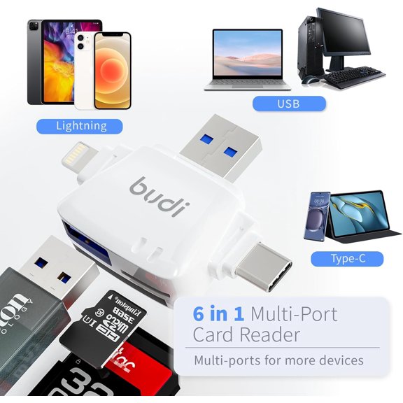 LAWONP-SD Card Reader for iPhone, 6-in-1 Micro SD TF Memory Card Reader Trail Camera Viewerport Adapter,Compatible with ipad/Android/Mac/Computer/Camera(White)