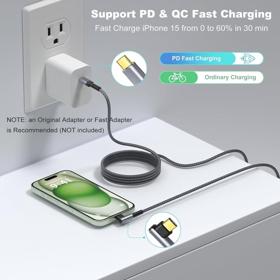 LAWONP-USB C to USB C Cable 10Ft, 2-Pack Long USB c to c 90 Degree Right Angle 60W Fast Charging Android Cord Type C to Type C Cable for iPhone 17 Air 16e 16 15 Pro Max, Samsung Galaxy S25 S24 A16 A1