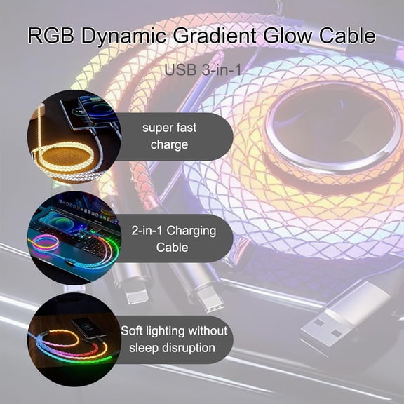 LAWONP-USB Cable PD Fast Charger Lighted Up (USB 3IN1 RGB),Phone Data Cable, Flowing Light Charging Cable, 39-inch (Approx. 1m), High-Transparency Pure Copper Braided Wire.