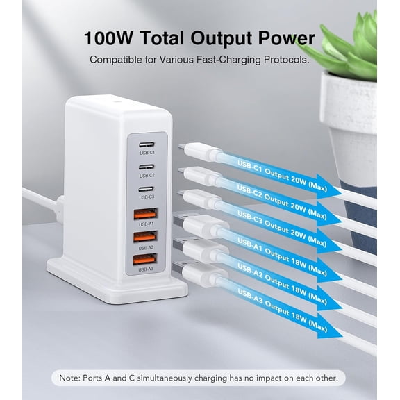 LAWONP-USB Charger 100W, Charging Station for Multiple Devices, Fast Charging Blocks with Type C Ports, USB Charging Hub Tower Organizer Multiport for iPhone 17/16/15/14, Ipad, Kindle, Travel Accesso