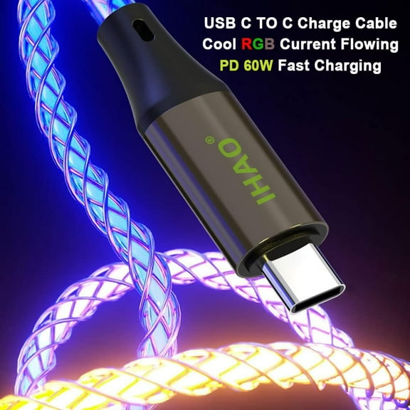 LAWONP-USB Type C to Type C PD 66W Fast Charging Cable - 39 Inches, High Data Speed, Visible RGB Current Flowing for All USB C Devices