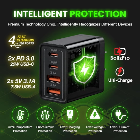 LAWONP-Ulti Charger 4 Ports with Quick USBC Charger Boltz Pro Lightning Fast Charging Block for Smart Phones, Tablets, Devices with Multiple Ports | Wall Charge for Travel & Home (USB C x2, USB Ax2)