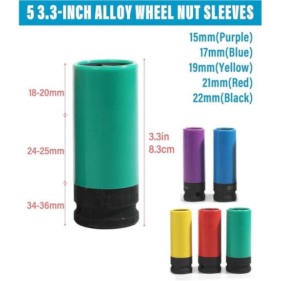 LAWONP-Zlirfy 5PCS 1/2 Inch Drive Impact Lug Nut Socket Set,Drive Deep Impact Socket,Car Accessories 15 17 19 21 22 MM Non-Marring Thin Wall Wheel Protector Nut Socket,Fit for 1/2" Drive Impact Wrenc