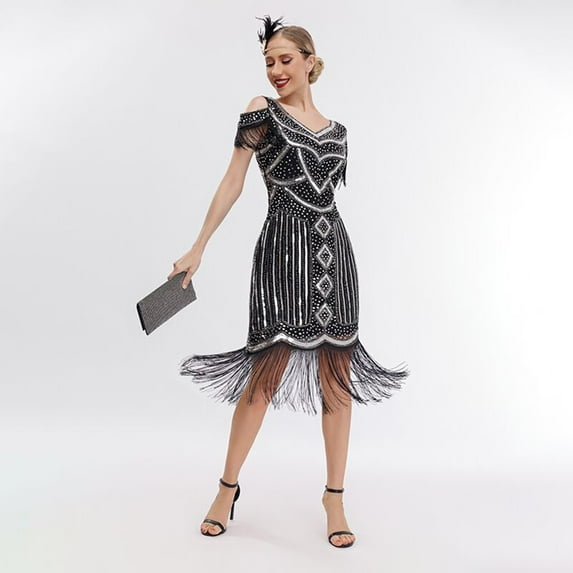 LAWOR Plus Size 1920s Vintage Fringed Gatsby Sequin Beaded Tassels Hem Flapper Dress for Women