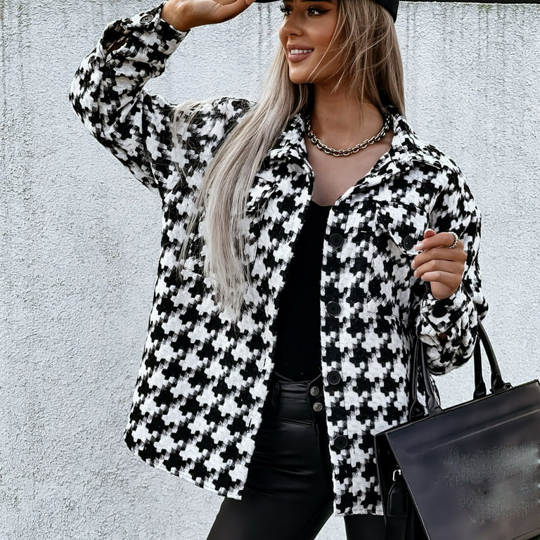 LAWOR Plus Size Coats Winter Clearance Ladies Trendy Casual Long Sleeve  Houndstooth Printed Woolen Jacket Fall Savings Z 