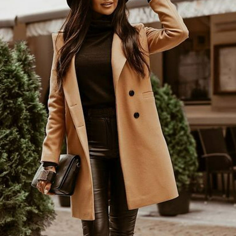 LAWOR Plus Size Coats Winter Clearance Ladies Trendy Solid Color Lapel Mid Length Button Woolen Coat Jacket Fall Savings Z Walmart